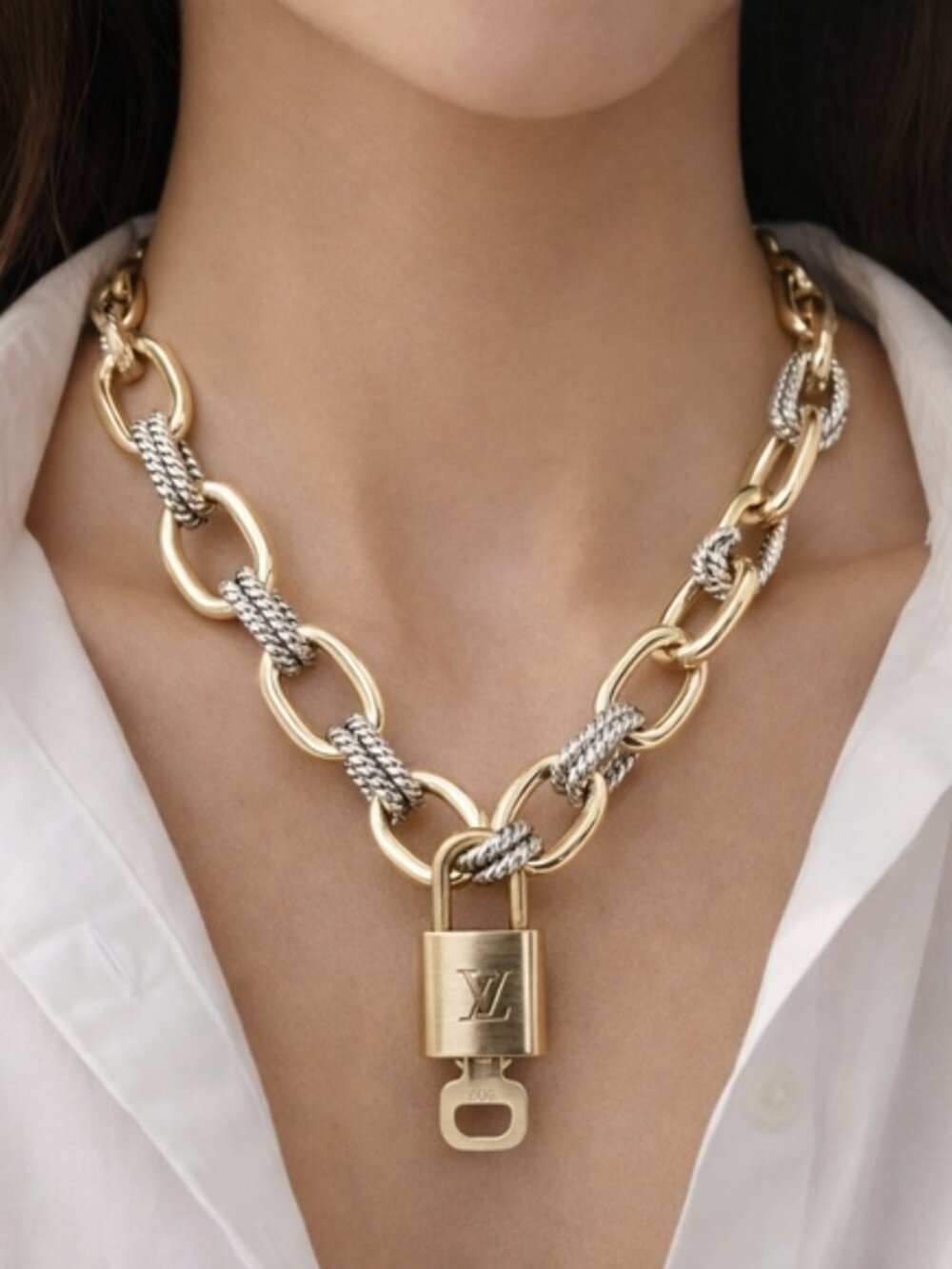 Authentic Louis Vuitton Gold Padlock w/ Unbranded Fashion Geometry Necklace